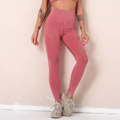 Women's Washed Yoga Leggings, Ripped Seamless High-Waist, Butt-Lifting - 8