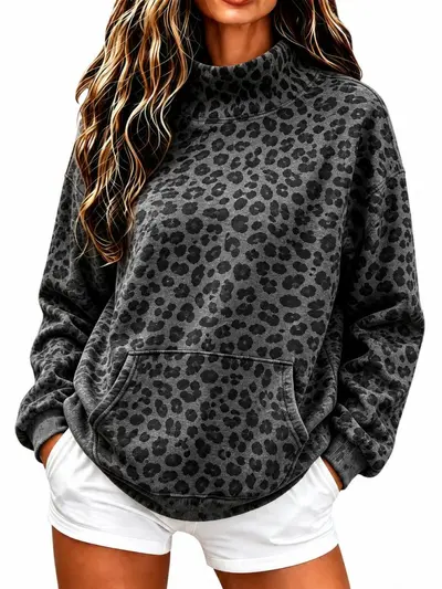 Women's Leopard Print High-Neck Sweatshirt, Loose Fit, Long Sleeve, Autumn Winter