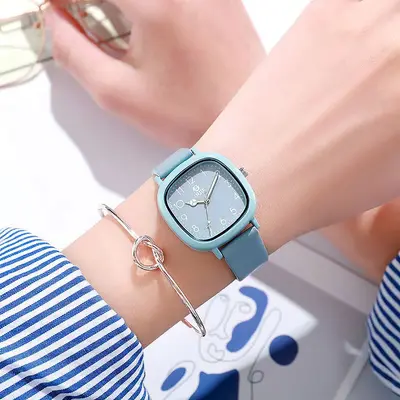 Square face quartz watch, white, for students - 12