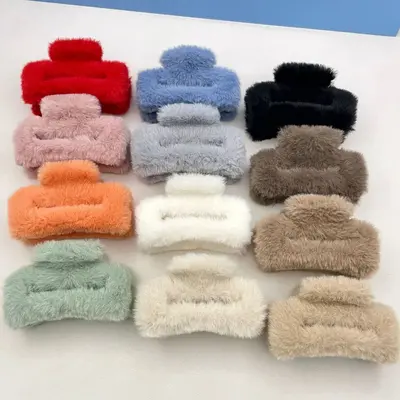 Oufeirle Autumn and Winter Square Plush Hair Clip Large Handmade Rabbit Fur Shark Clip Fluffy Hair Bun Clip Hair Accessory - 7