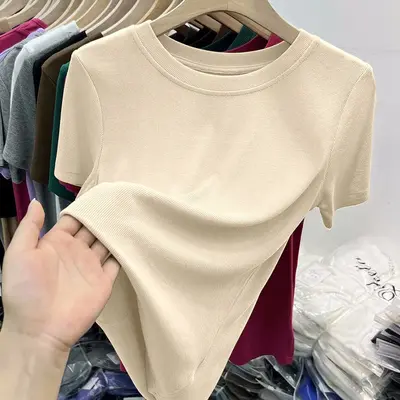 2026 summer new style ribbed round neck slim fit women's t-shirt, short sleeve versatile solid color basic t-shirt top - 11