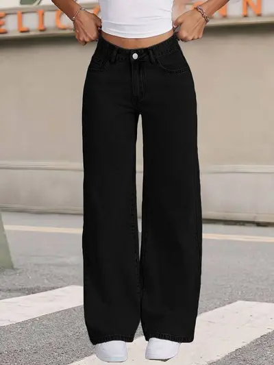 Damen-Jeans, hoher Bund, weites Bein, schwarz, gerade geschnitten - 7