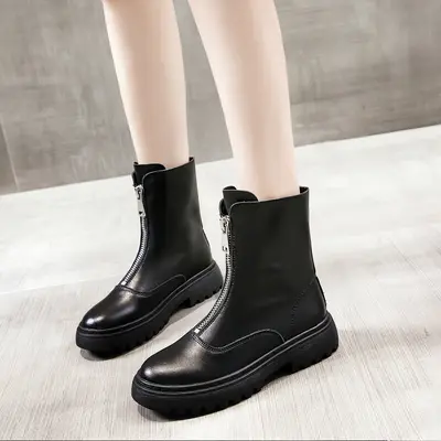 Women's Genuine Leather Mid-Calf Boots, Thick Sole, Front Zipper