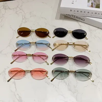 Rhinestone Oval Frameless Sunglasses, Small Frame, UV Protection - 5
