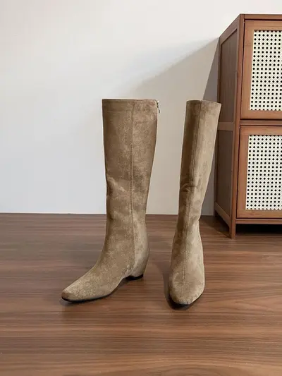 Women's Black Long Boots with 7cm Hidden Heel Lift, Fleece-Lined, Riding Boots - 10
