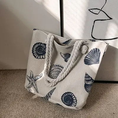 Creative Printed Large Shoulder Bag New Comfortable Fashion Canvas Women's Bag Korean Style Single Shoulder Cross Thick Rope Beach Bag