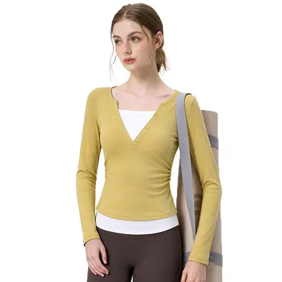 Fitness-Oberteil V-Ausschnitt, Langarm, Schicht-Design - 5