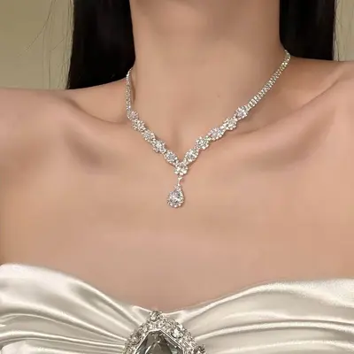 Diamond Necklace and Earring Set Silver Collarbone Chain - 3