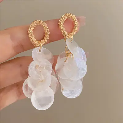 Silver Needle Round Shell Tassel Stud Earrings Summer Style - 13