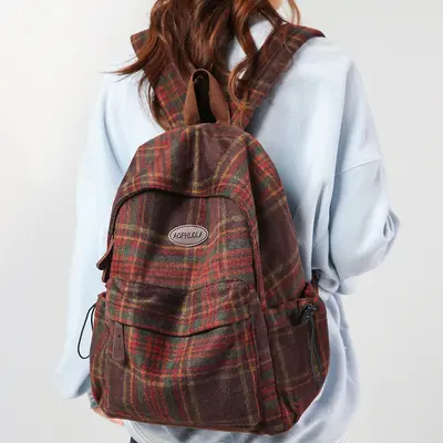 Retro Wool Plaid Women's Backpack for High School and University Students - 4