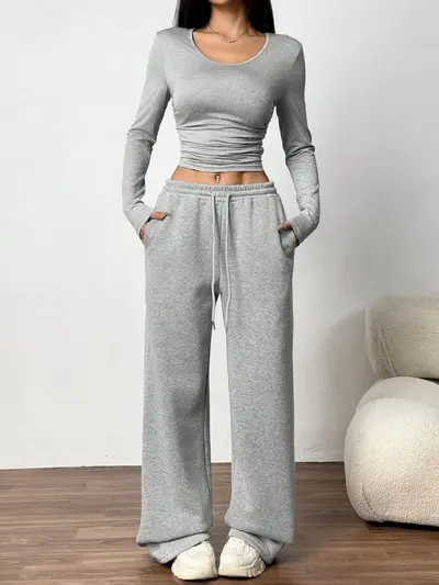 Damen Zweiteiler-Set mit Weitbeinhose, langärmlig, Herbst-Winter - 7