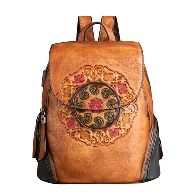 Cowhide Backpack, Embossed, Retro Chinese Style - 7