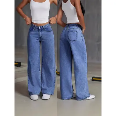 Kadın yaz modası geniş paça kot pantolon, sokak tarzı, uzun