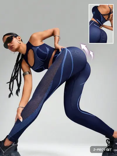 High-Support Sports Bra and Seamless Yoga Set with Padded Top and Mesh Leggings - 3