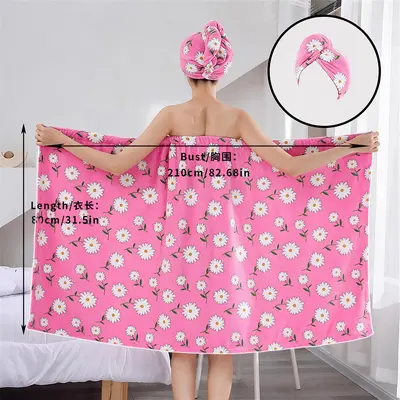 Sınır Ötesi Baskılı Bandeau Elbisesi Banyo Şapkası Kadın Ev Kullanımı Yazlık Banyo Havlusu Yumuşak Banyo Robası Su Emici Saç Kurutma Şapkası İki Parçalı Set - 8