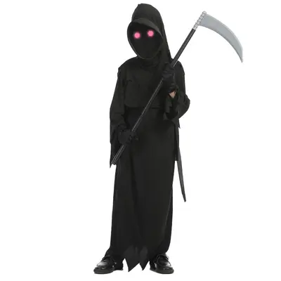 Halloween Children's Red-Eye Grim Reaper Costume with Scythe, Dark Messenger Ghost Cosplay Outfit Set, Stage Costume