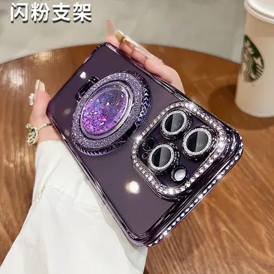 Transparent Soft iPhone 15 Case, Electroplated, Magnetic, Rhinestone Stand - 3