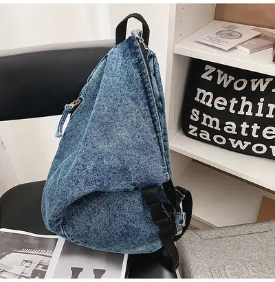 Washed Canvas Backpack, Irregular Niche Design, Denim School Bag for Girls - 9