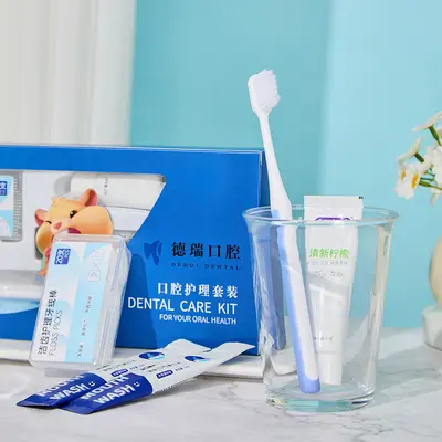 Oral care set with toothbrush, toothpaste, floss and mouthwash
