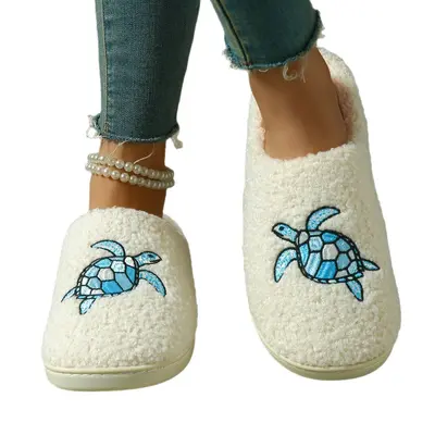 Embroidered Turtle Home Slippers, Unisex Memory Foam Warm Winter Slippers - 6