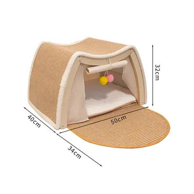 Cat Tent with Sisal Scratching Board, Extra Large Enclosed Cat House, Solid Wood - 9