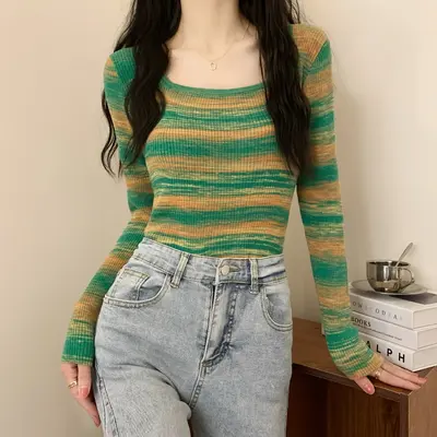 Women's Square Neck Long Sleeve Knit Base Top, Contrast Stripe, Korean Style - 2