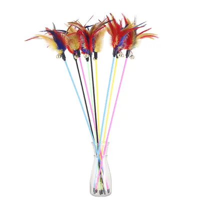 Factory Wholesale Cat Teaser Wand Long Pole Cat Teaser Stick Cat Toy Colorful Feather Bell Replacement Head Pet Supplies