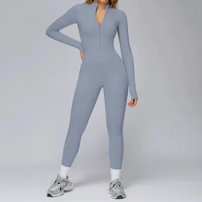 Kadın Polar Astarlı Fermuarlı Tulum Yoga Kıyafeti, Uzun Kollu Sıcak Tutan Spor Tulumu - 5