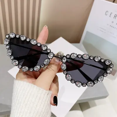 Retro Cat-Eye Sunglasses, Oversized Rhinestone Metal Frame - 8