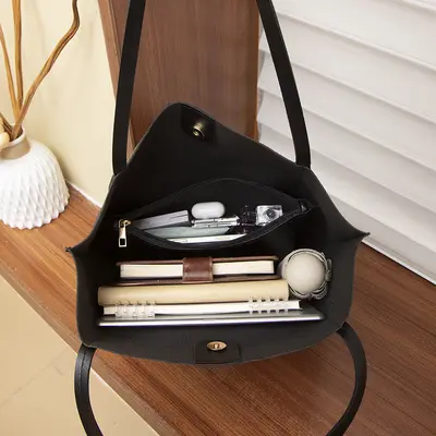 Women's Solid Color Large Tote Bag with Detachable Inner Pouch Korean Style - 3