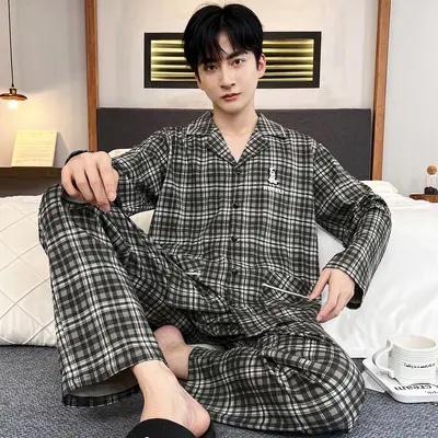 Herren-Pyjama-Set langarm mit Strickjackenkragen, Übergröße - 9