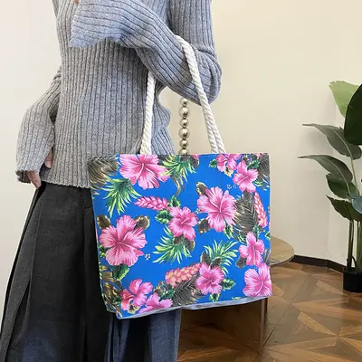 Printed Canvas Shoulder Bag, Floral Pattern, Large Capacity Tote Bag - 3