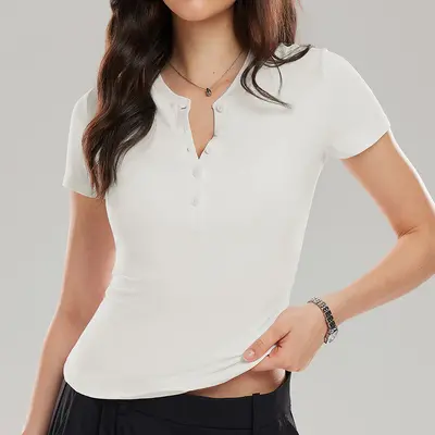 Summer Yoga Henley Shirt, Short Sleeve, Stretch Slim Fit, Running and Training - 7