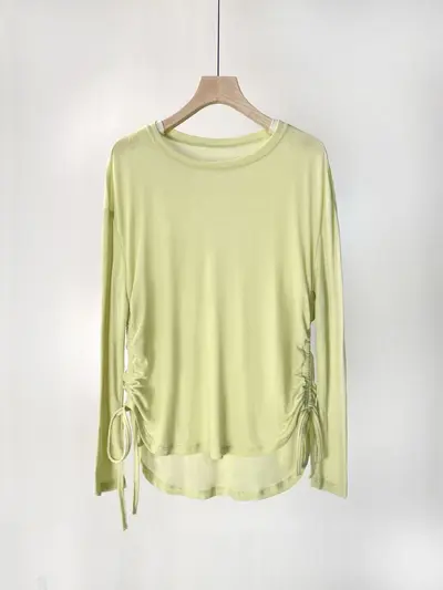 Tencel Ribbed Women's Long-Sleeve Yoga Running Top, Drawstring Loose Fit - 10