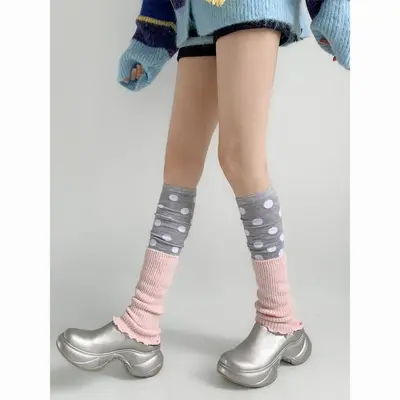 Retro Polka Dot Printed Calf Socks Gray Mid-Calf