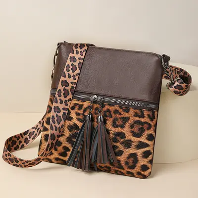 Women's Leopard Print Textured Crossbody Shoulder Bag, Color Block - 7