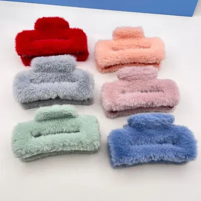Oufeirle Autumn and Winter Square Plush Hair Clip Large Handmade Rabbit Fur Shark Clip Fluffy Hair Bun Clip Hair Accessory - 10