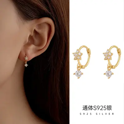 S925 Gümüş Çiçek Küpe, Elmas Flash, Japon-Kore Tasarımı