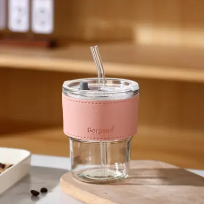 Trendy bambu pipetli kahve fincanı, mağaza promosyon hediyesi logolu baskılı cam su bardağı. - 11