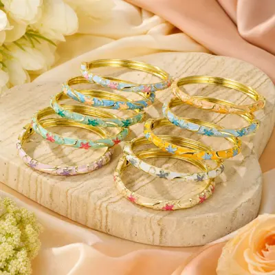 Enamel Five-leaf Flower Open Bracelet - 2