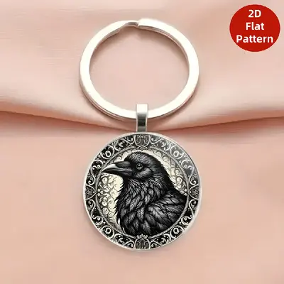 Gothic Dark Crow Pattern Alloy Round Keychain Pendant - 10