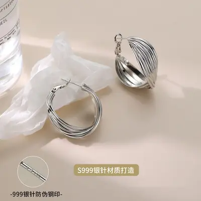 S999 sterling silver Hong Kong style hoop earrings, vintage - 2