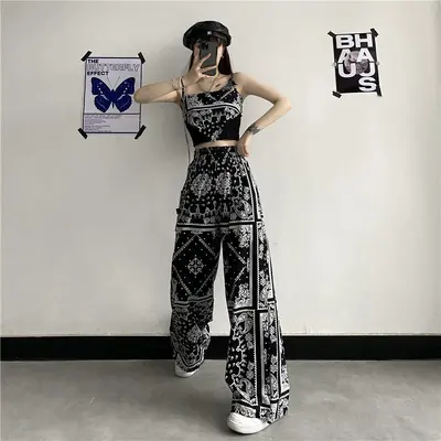 Damen-Sommerhose, hoher Bund, weites Bein, Batikmuster, koreanischer Stil