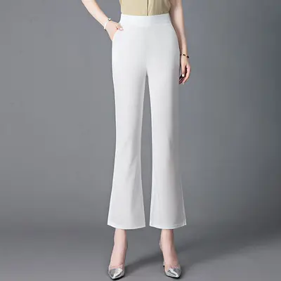 Damen-High-Waist-Hose mit weitem Bein, Weiß, elastisch - 8
