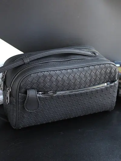 Men's Clutch Bag, Waxed Napa Leather, Woven Pattern, Double Zipper - 4