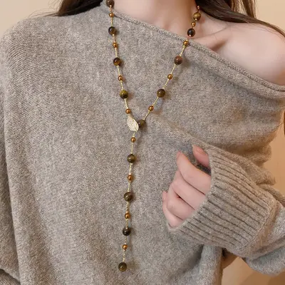 Tigerauge Perlen Pullover-Kette, Vintage Halskette - 2