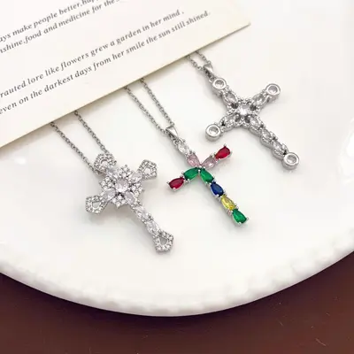 Cross Pendant Necklace with Colourful Zircon, Women's Fashion Jewelry