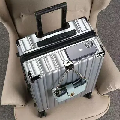 Önden açılır bavul alüminyum çerçeve USB şarjlı çok fonksiyonlu seyahat arabası şifreli kabin boy bilgisayar ve bardak tutucu yan kapak - 12