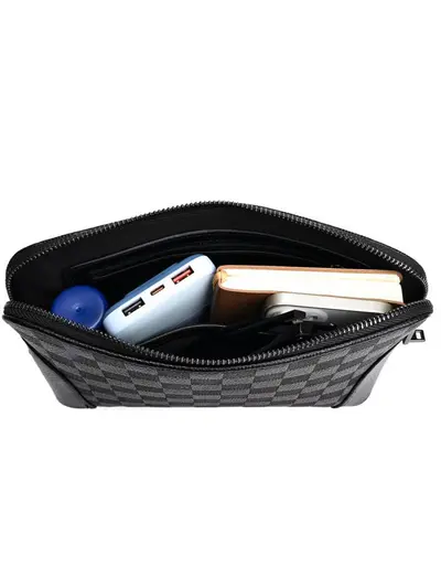 Men's Clutch Bag with Fingerprint Lock, Phone and Coin Compartments, Checkered Pattern - 6