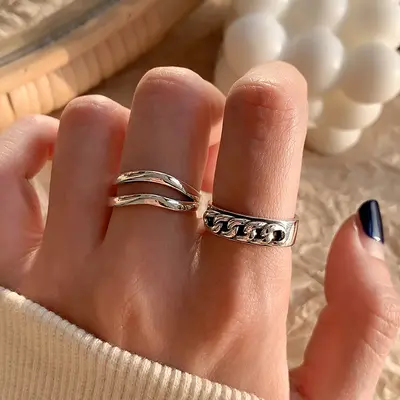 Kore tarzı niş tasarım 925 ayar gümüş minimalist kadın yüzüğü, solmayan vintage ağır işçilik yüzük takı toptan satış